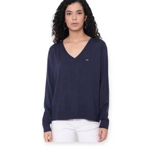 Tommy Hilfiger Women’s V Neck Navy Blue Solid Pima Cotton Blend Sweater Size XL